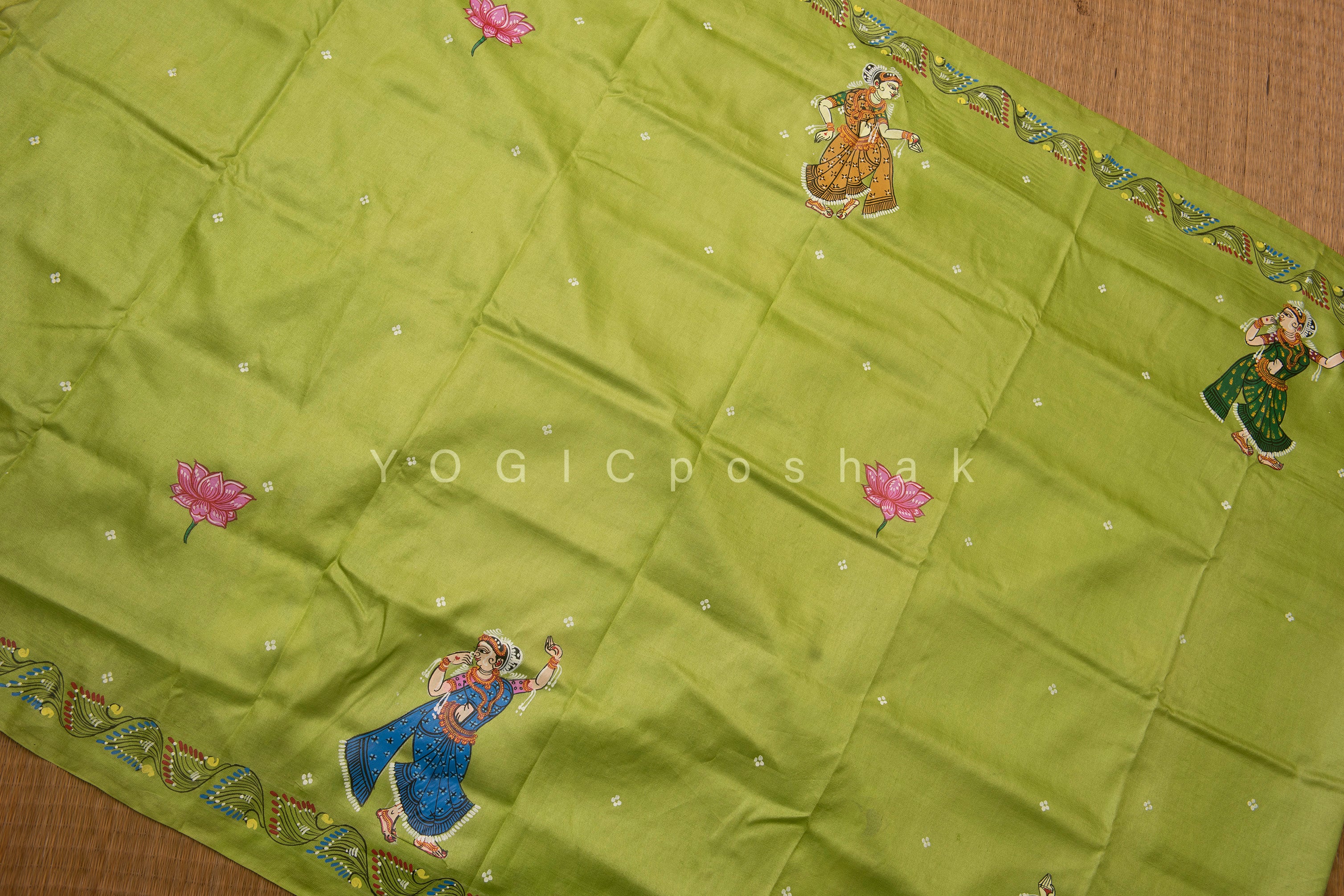 Sakhi | Handcrafted pattachitra silk saree | parrot green