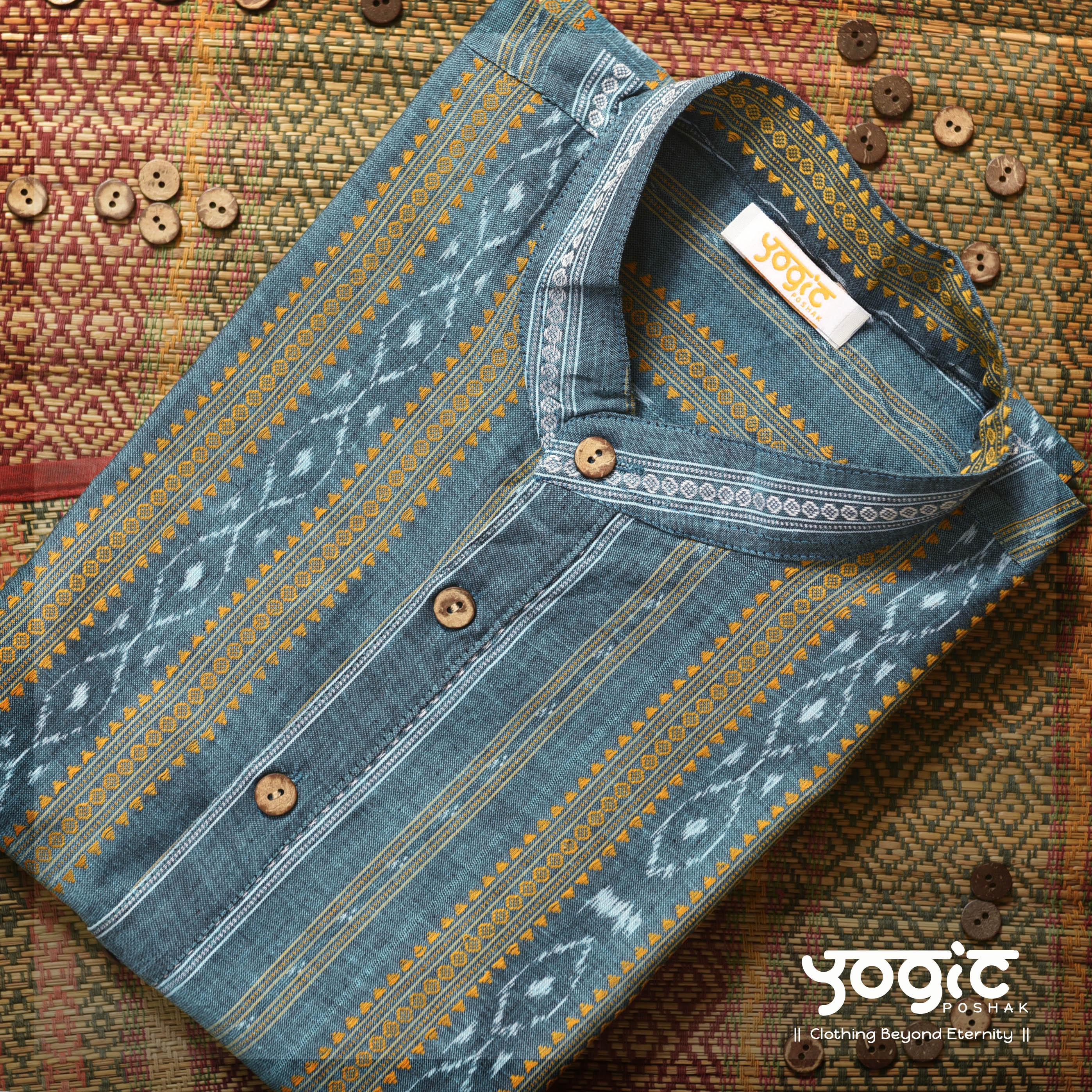 Agastya | handloom cotton kurta for men | cyan | ikat