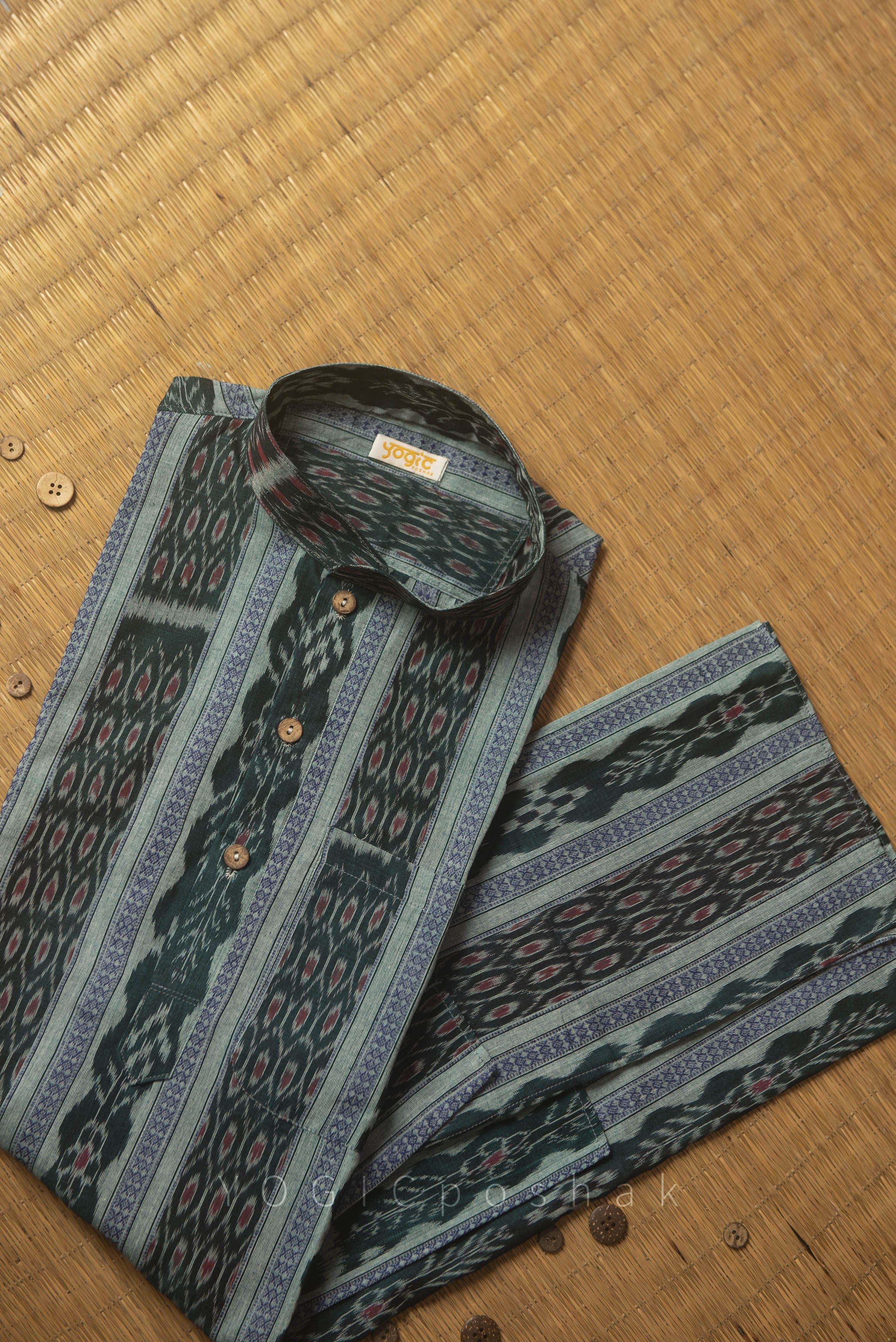Agastya | handloom cotton kurta for men | dark emerald | ikat